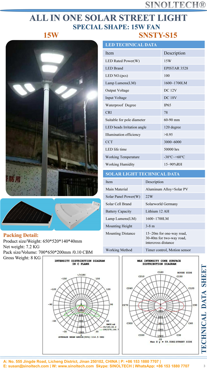 fan shape 15W all in one solar street light